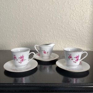 Vintage 1980s Porcelain Tea Set Pink Cherry Blossom Gold Rim Creamer Spring